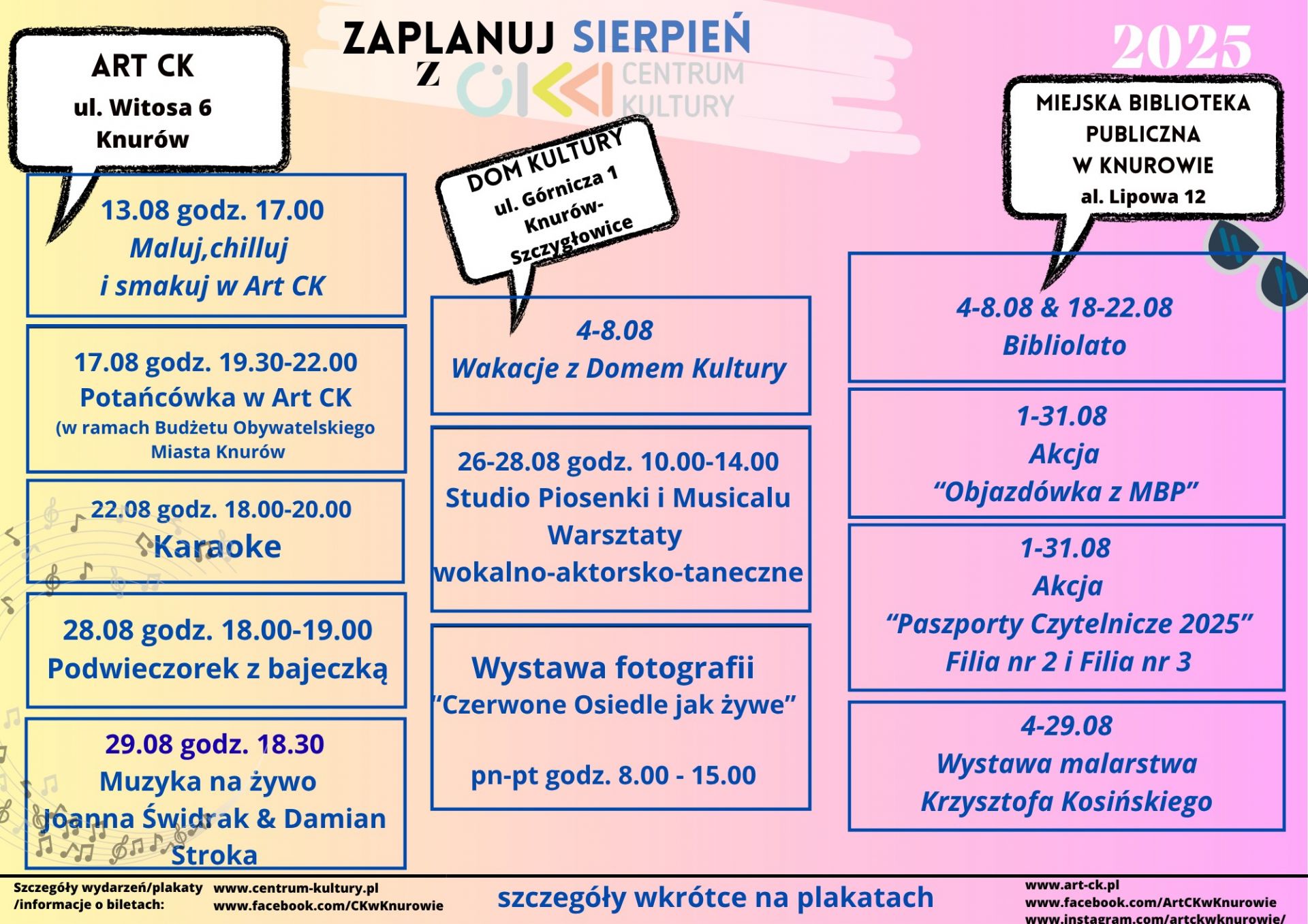 Plakat z opisem zajęć i animacji w sierpniu w Centrum Kultury w Knurowie